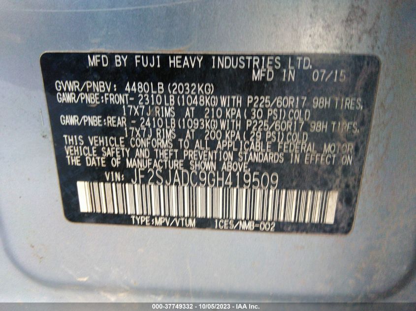 2016 SUBARU FORESTER 2.5I PREMIUM - JF2SJADC9GH419509