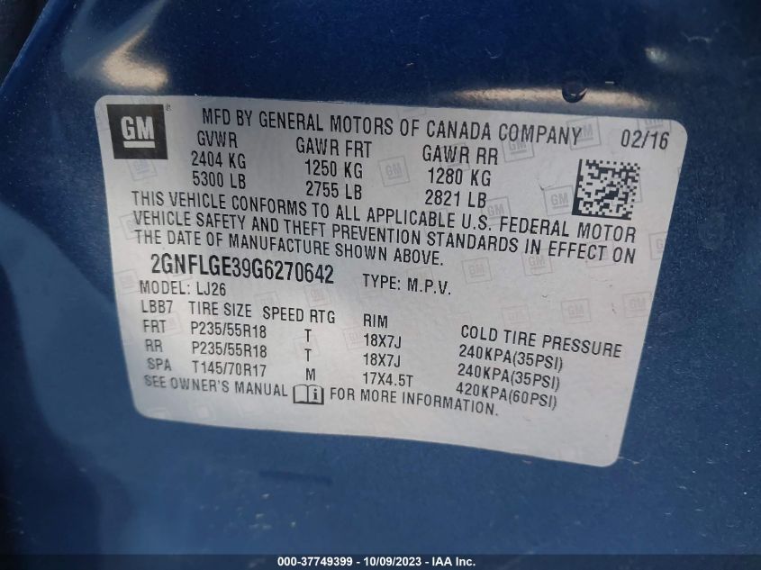 2016 CHEVROLET EQUINOX LTZ - 2GNFLGE39G6270642