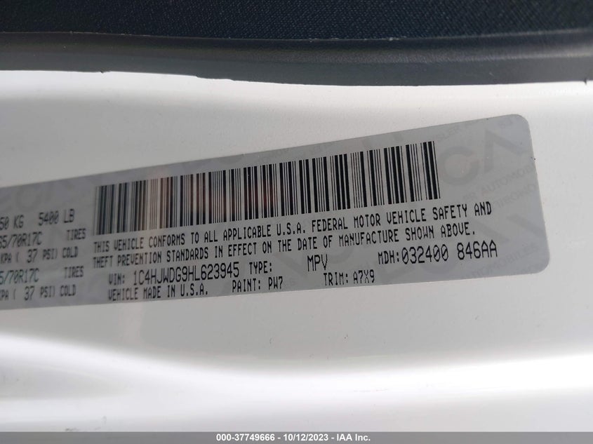 VIN 1C4HJWDG9HL623945 2017 JEEP WRANGLER UNLIMITED SPORT