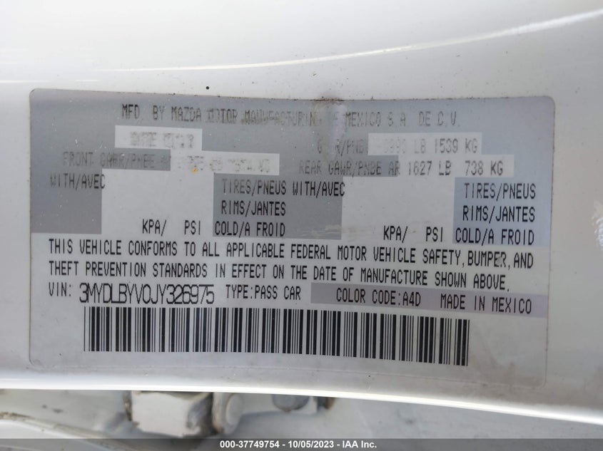 VIN 3MYDLBYV0JY326975 2018 TOYOTA YARIS IA