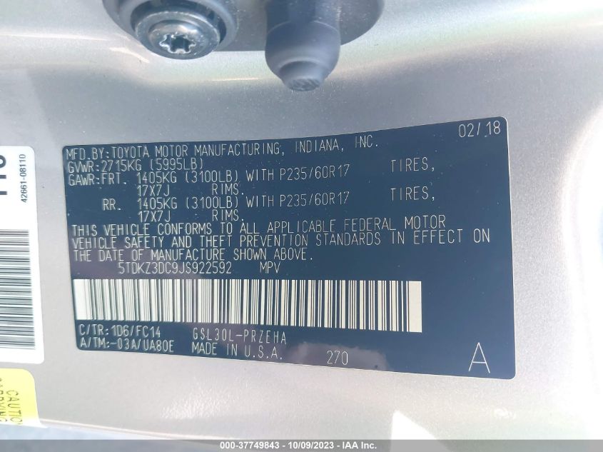 VIN 5TDKZ3DC9JS922592 2018 TOYOTA SIENNA LE