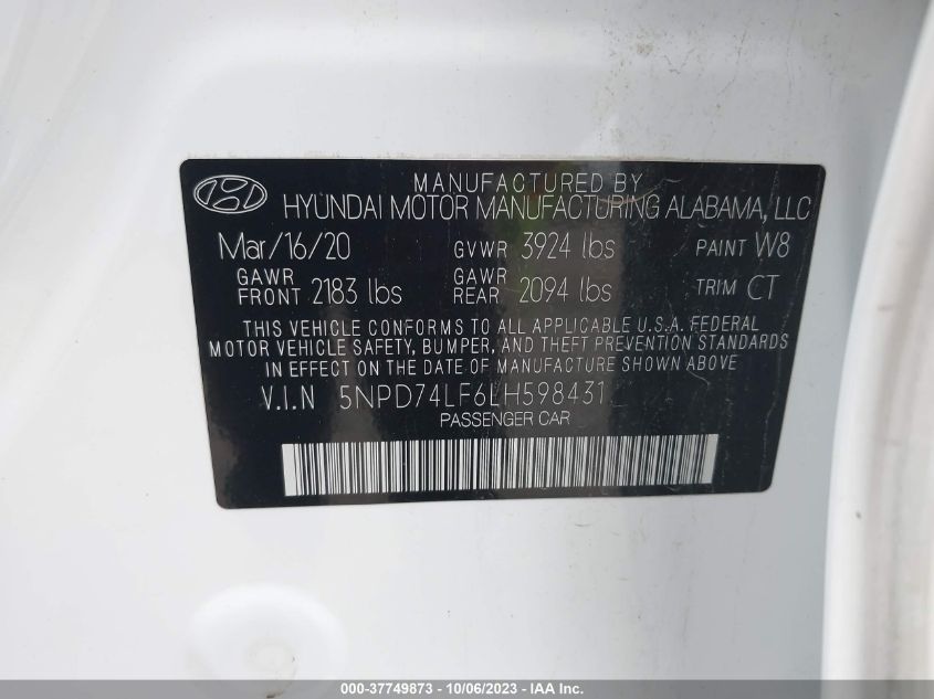 2020 HYUNDAI ELANTRA SE - 5NPD74LF6LH598431