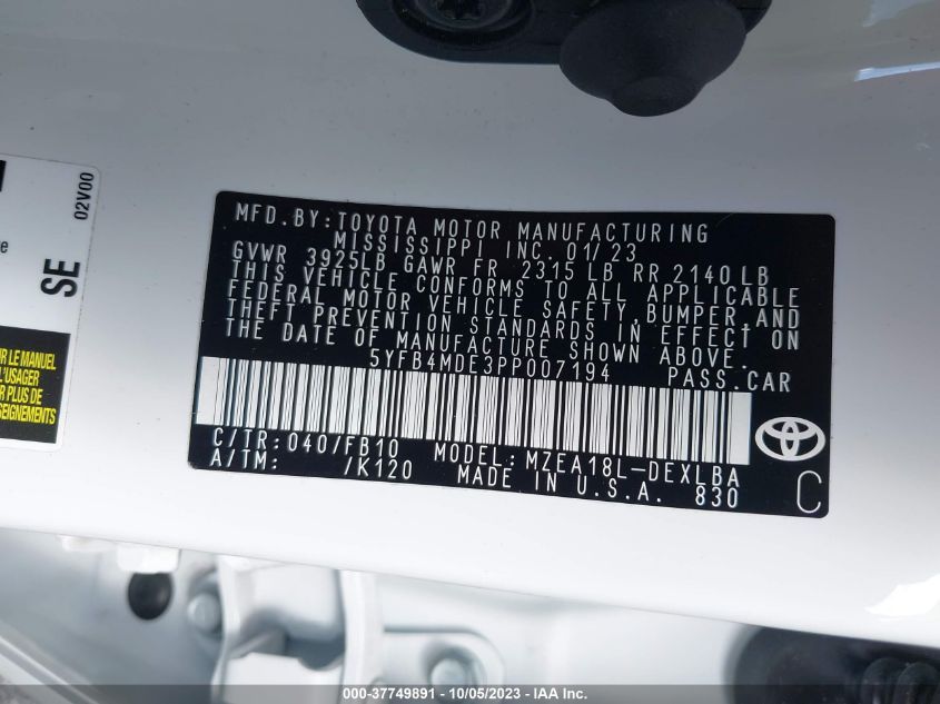 2023 TOYOTA COROLLA LE - 5YFB4MDE3PP007194