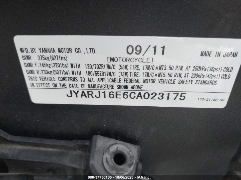 2012 YAMAHA YZFR6 JYARJ16E6CA023175