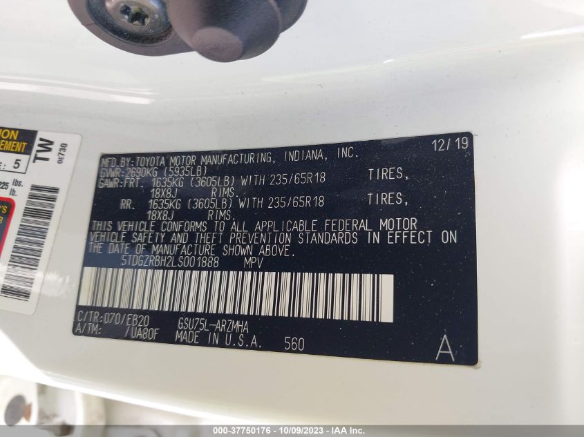 2020 TOYOTA HIGHLANDER XLE - 5TDGZRBH2LS001888