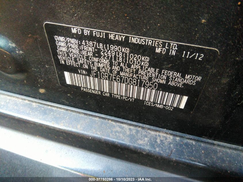 2013 SUBARU IMPREZA WAGON WRX WRX PREMIUM JF1GR7E67DG817950