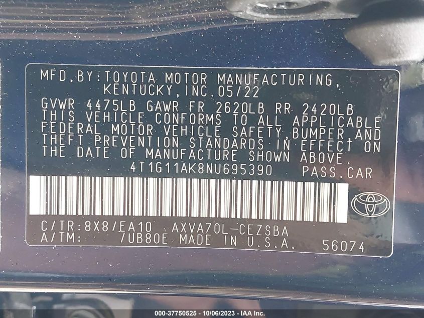 2022 TOYOTA CAMRY SE - 4T1G11AK8NU695390