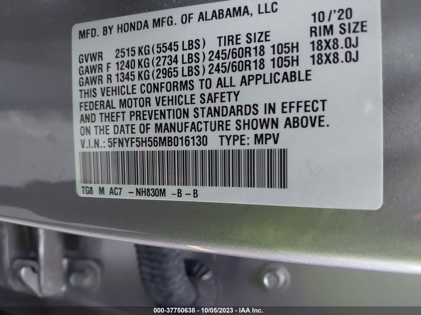 VIN 5FNYF5H56MB016130 2021 HONDA PILOT EXL