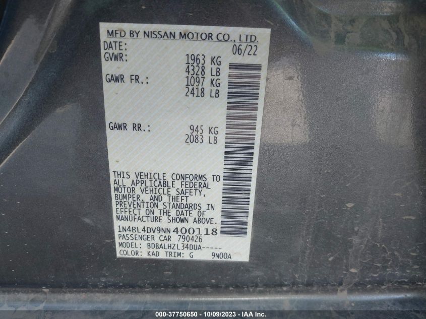 2022 NISSAN ALTIMA SV - 1N4BL4DV9NN400118