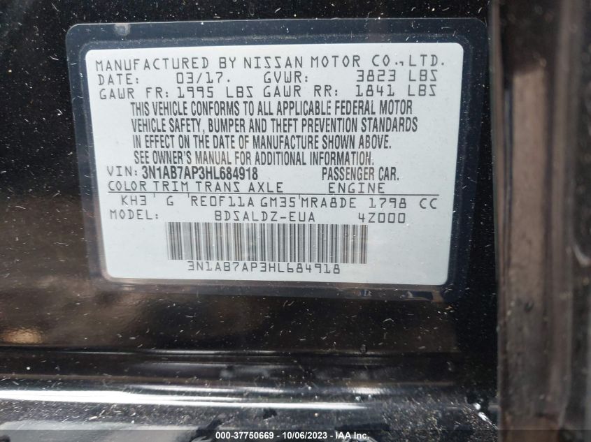 VIN 3N1AB7AP3HL684918 2017 NISSAN SENTRA SV