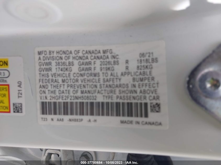2022 HONDA CIVIC LX - 2HGFE2F23NH508032