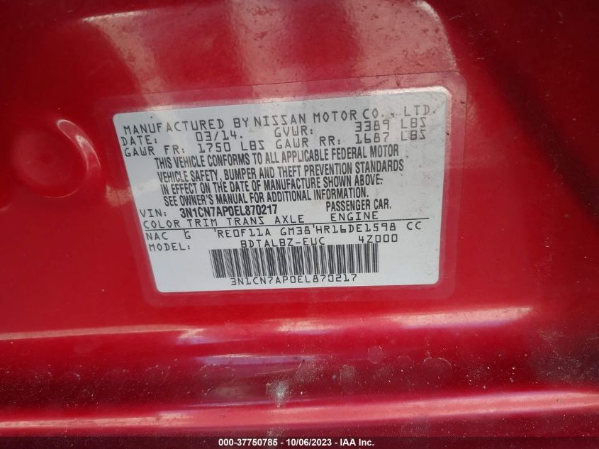 2014 NISSAN VERSA SV - 3N1CN7AP0EL870217