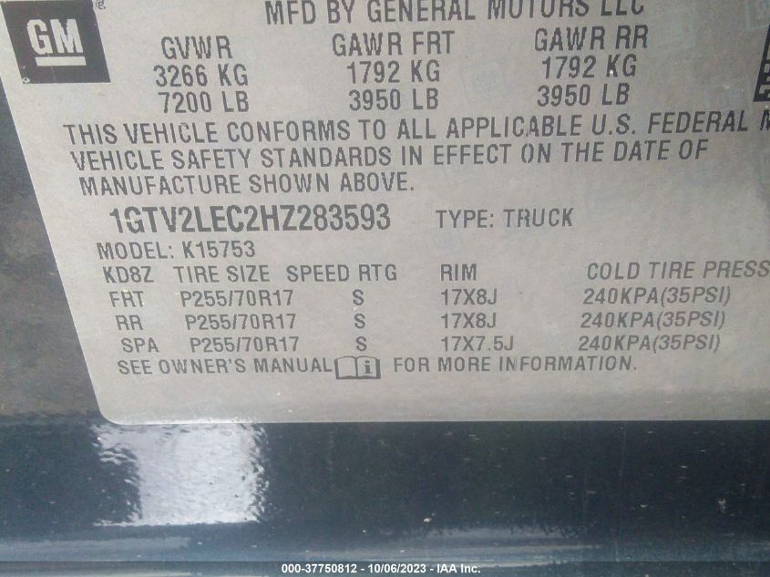 2017 GMC SIERRA 1500 - 1GTV2LEC2HZ283593