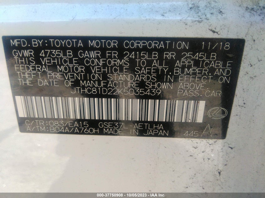 VIN JTHC81D22K5035439 2019 LEXUS IS 300