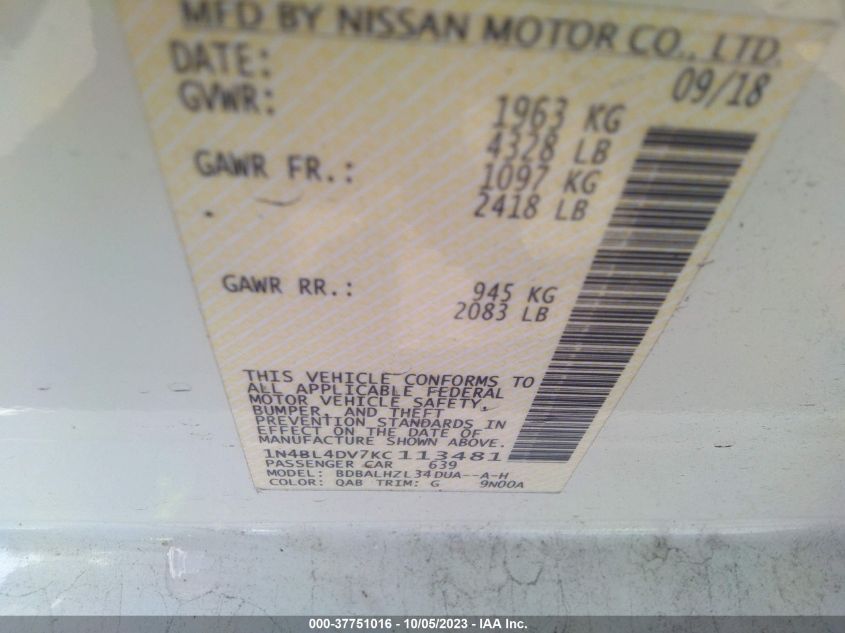 2019 NISSAN ALTIMA SV - 1N4BL4DV7KC113481