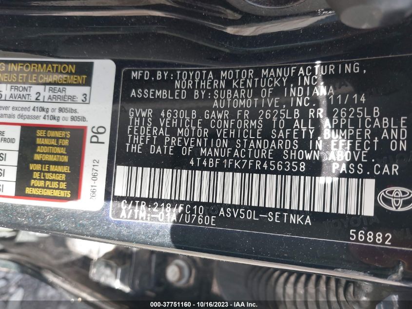 2015 TOYOTA CAMRY XLE/SE/LE/XSE - 4T4BF1FK7FR456358