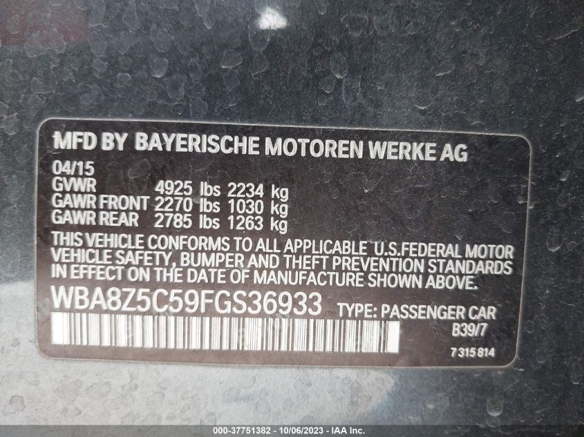 2015 BMW 328I GRAN TURISMO XDRIVE - WBA8Z5C59FGS36933