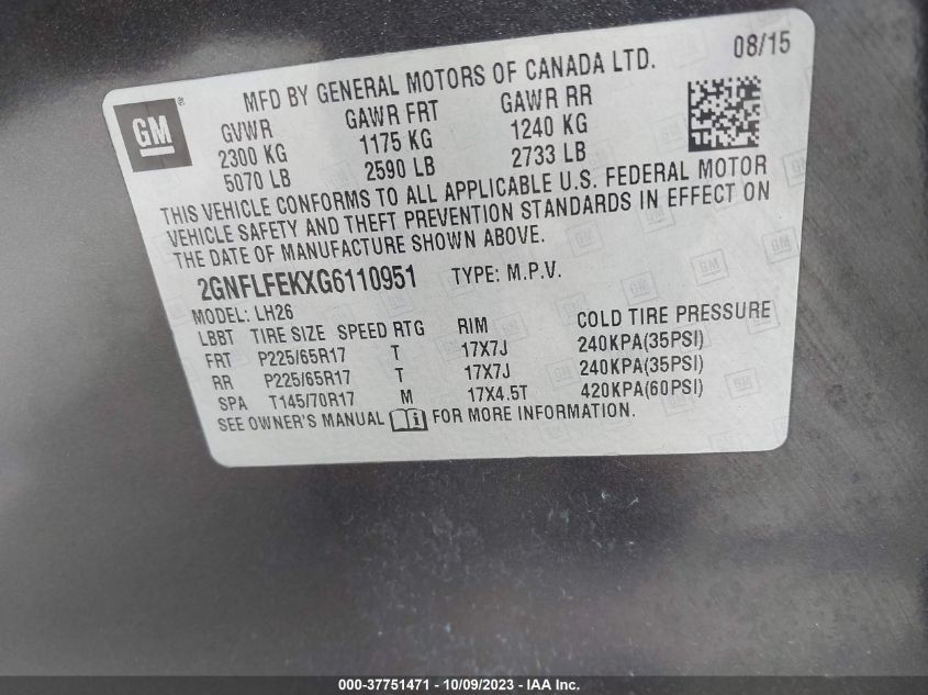 2016 CHEVROLET EQUINOX LT - 2GNFLFEKXG6110951