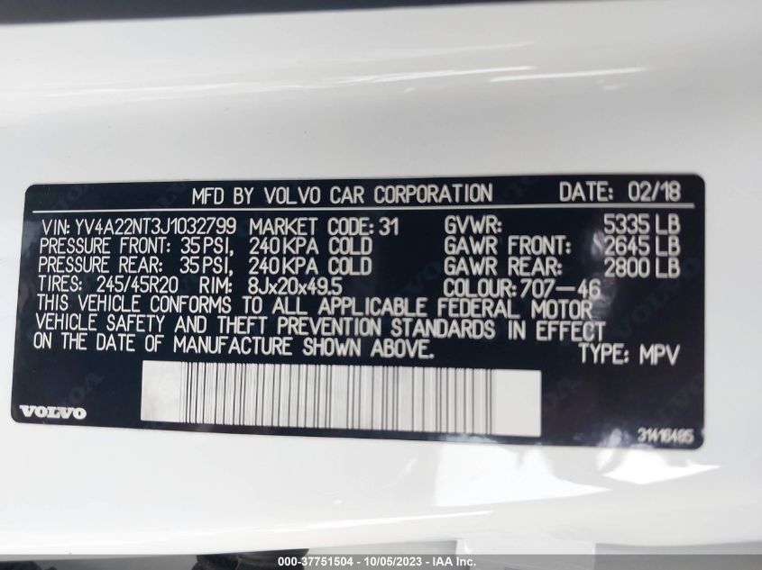 2018 VOLVO V90 CROSS COUNTRY VOLVO OCEAN RACE YV4A22NT3J1032799