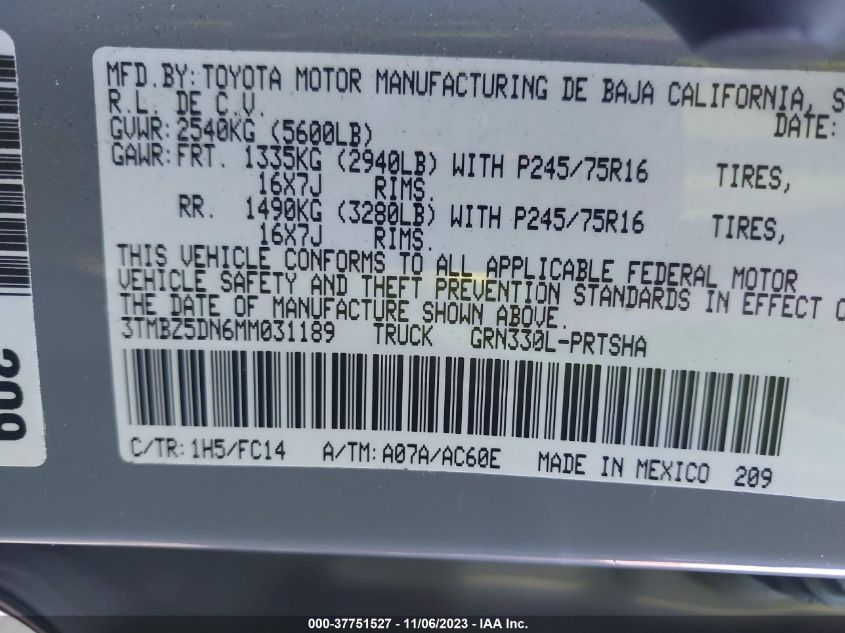 2021 TOYOTA TACOMA 2WD SR5/TRD SPORT 3TMBZ5DN6MM031189