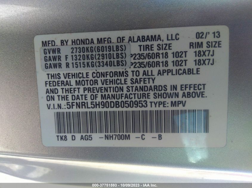 2013 HONDA ODYSSEY TOURING - 5FNRL5H90DB050953