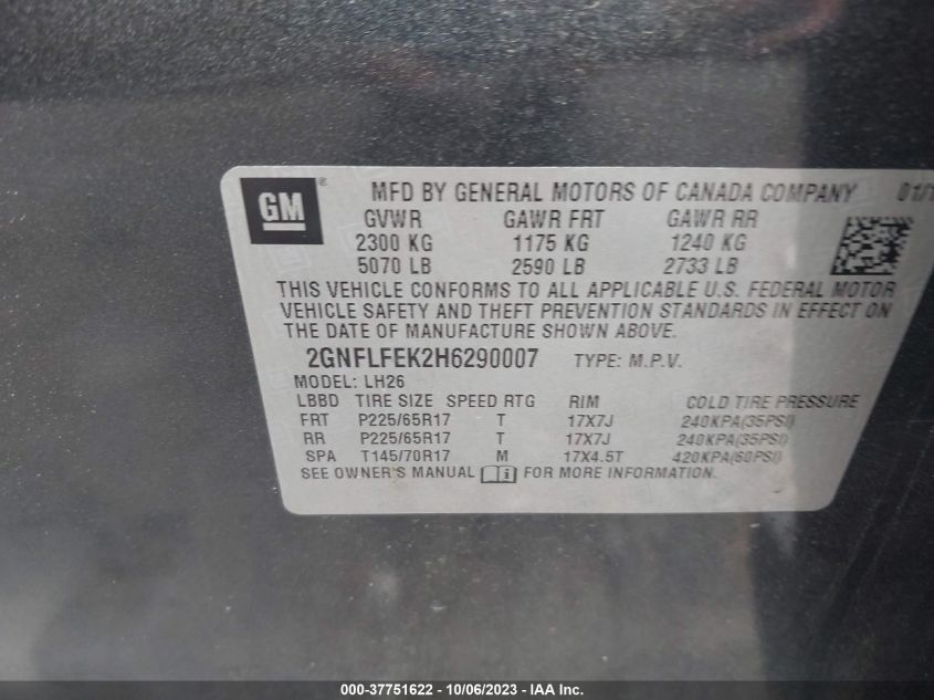 2017 CHEVROLET EQUINOX LT - 2GNFLFEK2H6290007