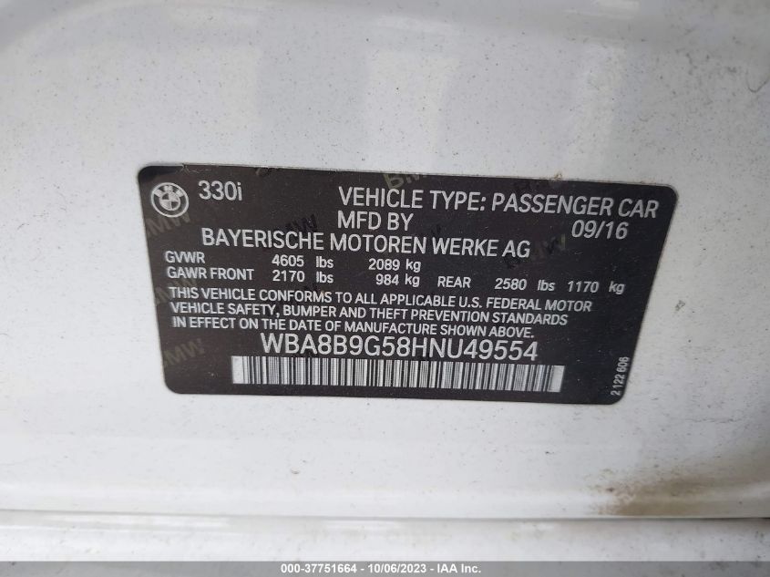 2017 BMW 330I WBA8B9G58HNU49554
