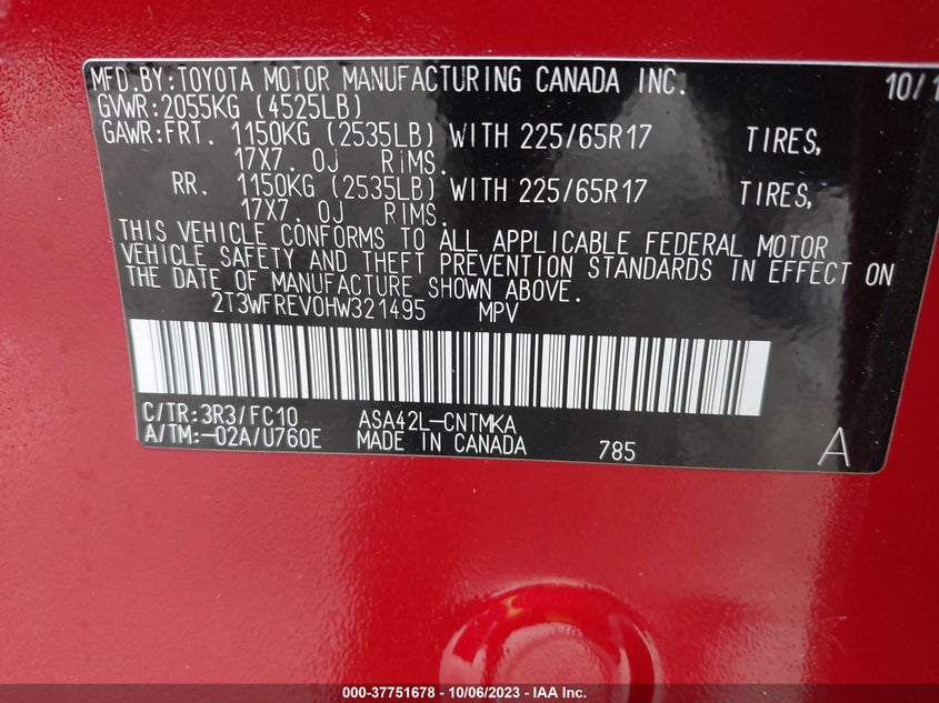 VIN 2T3WFREV0HW321495 2017 TOYOTA RAV4 XLE