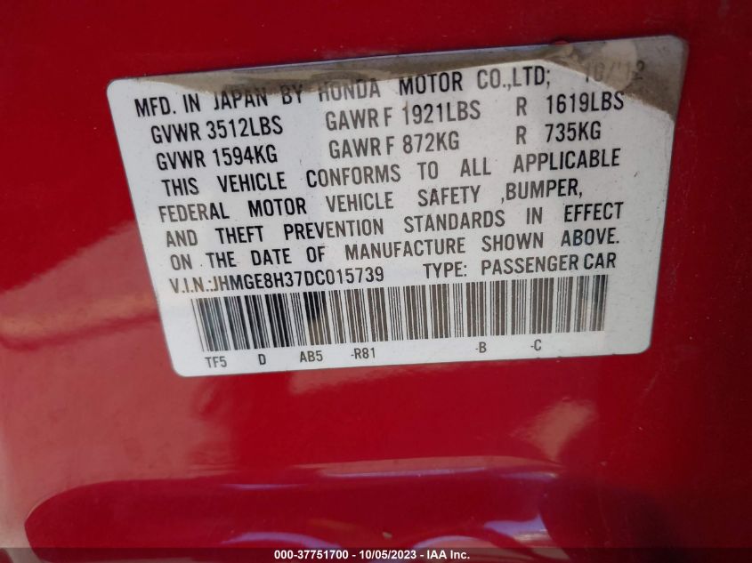 2013 HONDA FIT - JHMGE8H37DC015739