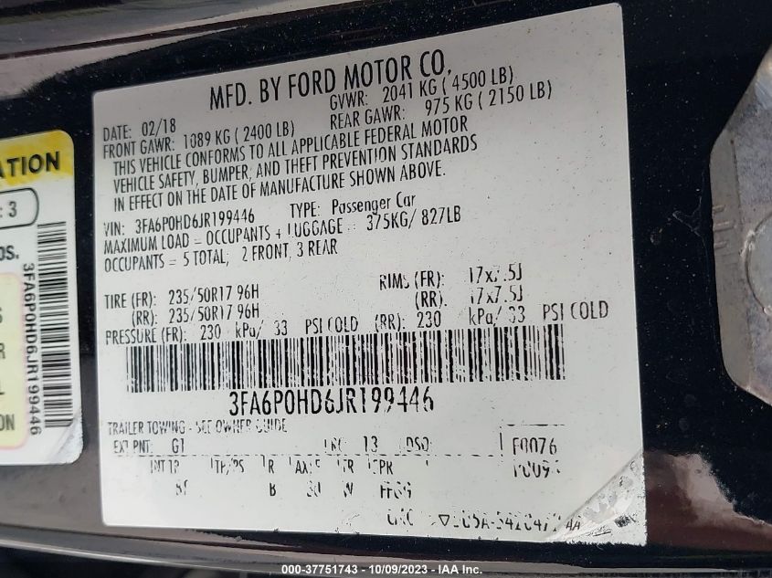 3FA6P0HD6JR199446 2018 FORD FUSION, photo no. 9