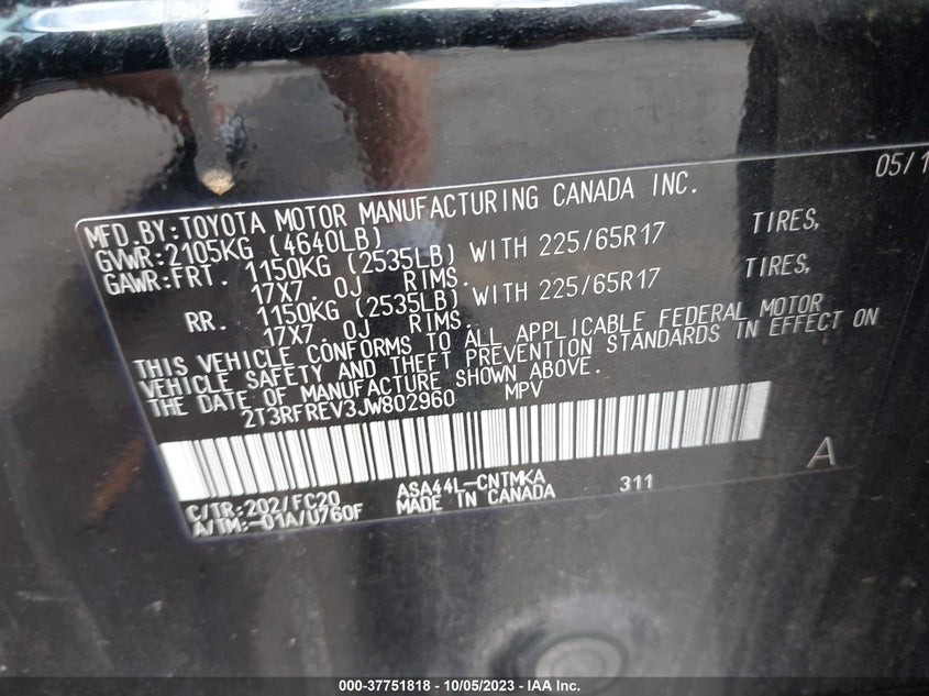 VIN 2T3RFREV3JW802960 2018 TOYOTA RAV4 XLE/ADVENTURE