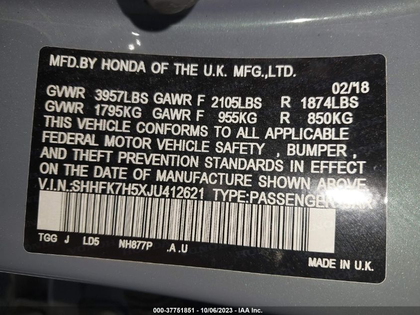 2018 HONDA CIVIC HATCHBACK EX - SHHFK7H5XJU412621