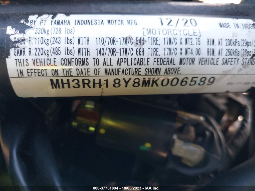 2021 YAMAHA YZFR3 A MH3RH18Y8MK006589
