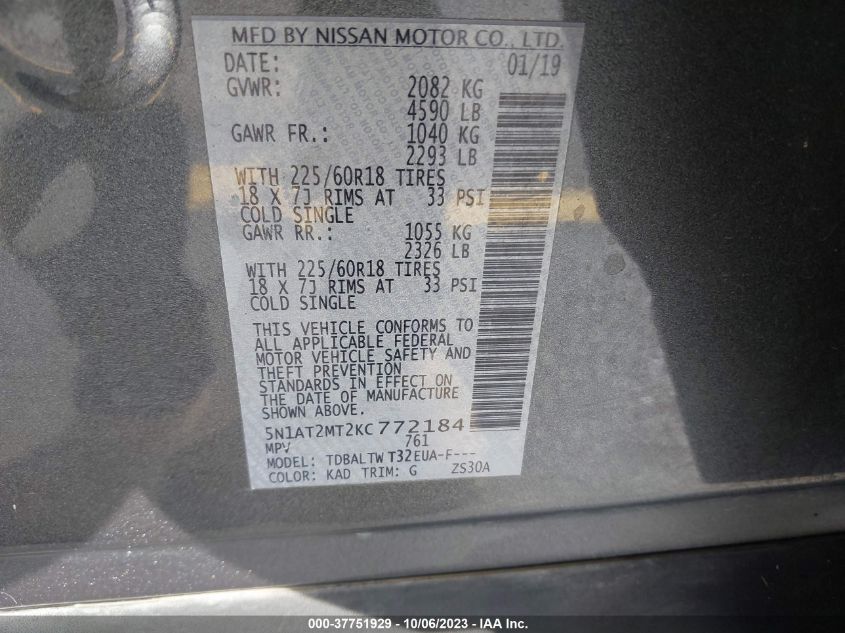 2019 NISSAN ROGUE SV - 5N1AT2MT2KC772184