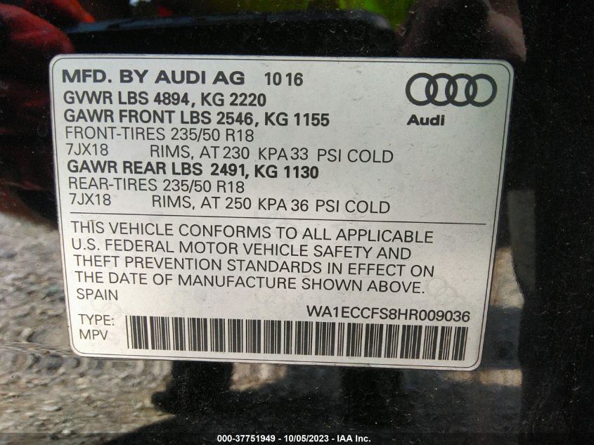 2017 AUDI Q3 PREMIUM - WA1ECCFS8HR009036