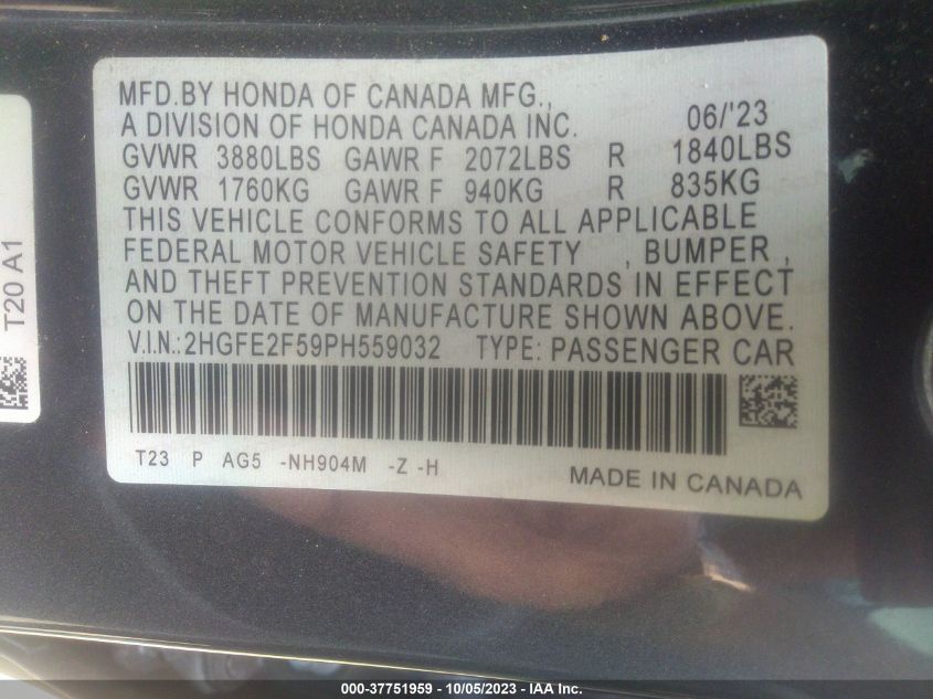 2HGFE2F59PH559032 Honda Civic Sedan SPORT 9