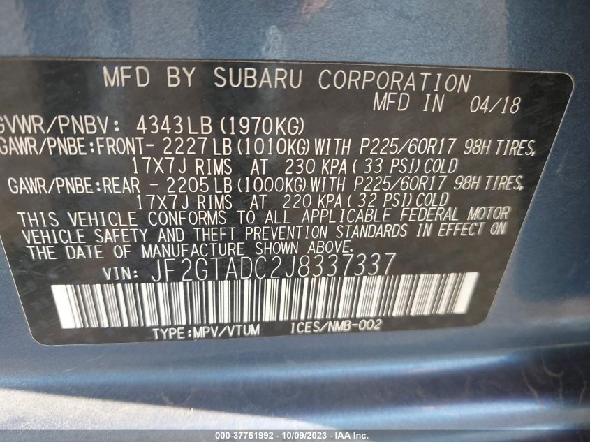 2018 SUBARU CROSSTREK PREMIUM - JF2GTADC2J8337337