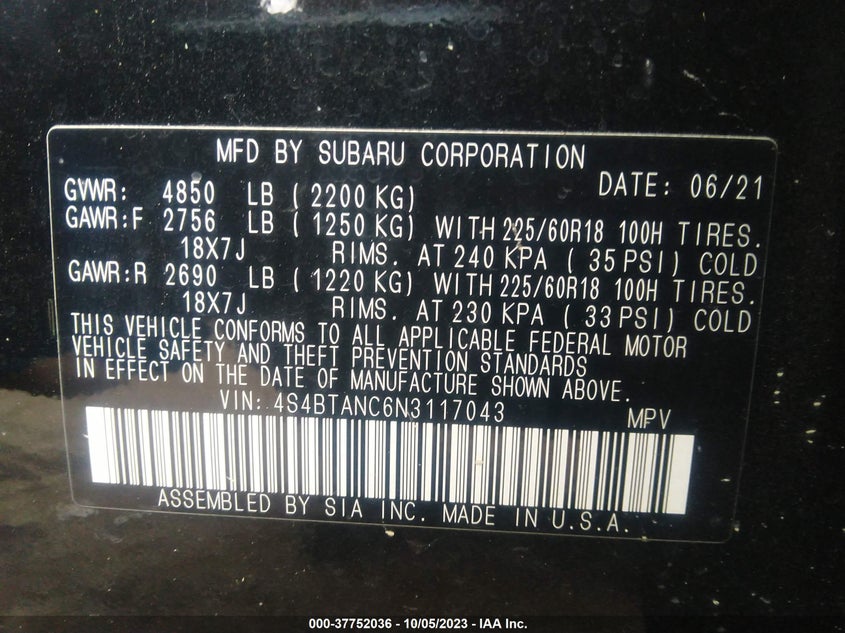 2022 SUBARU OUTBACK 2.5L H4 FI DOHC 16V (VIN: 4S4BTANC6N3117043
