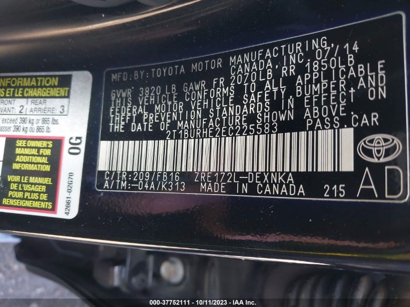 2014 TOYOTA COROLLA L/LE/S/S PLUS/LE PLUS - 2T1BURHE2EC225583