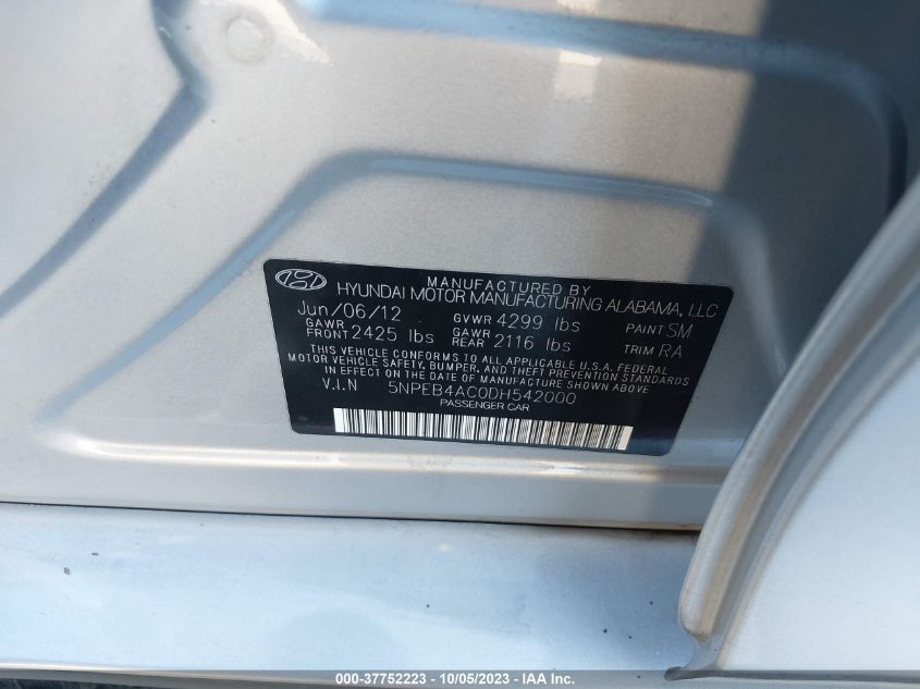 2013 HYUNDAI SONATA GLS - 5NPEB4AC0DH542000