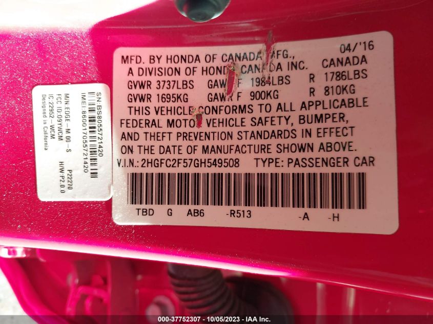 2016 HONDA CIVIC LX - 2HGFC2F57GH549508