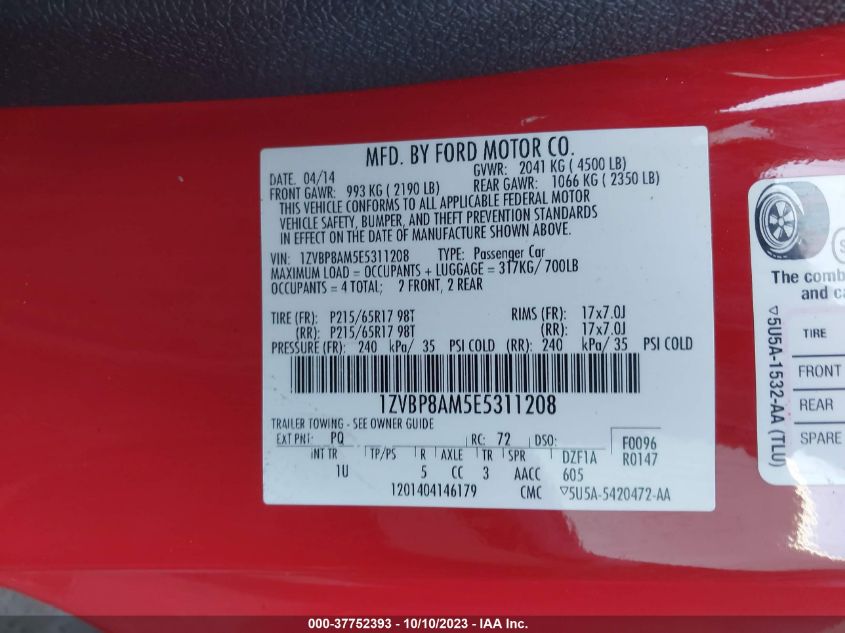 2014 FORD MUSTANG V6 - 1ZVBP8AM5E5311208