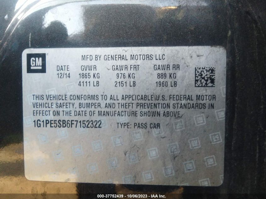 2015 CHEVROLET CRUZE LT - 1G1PE5SB6F7152322