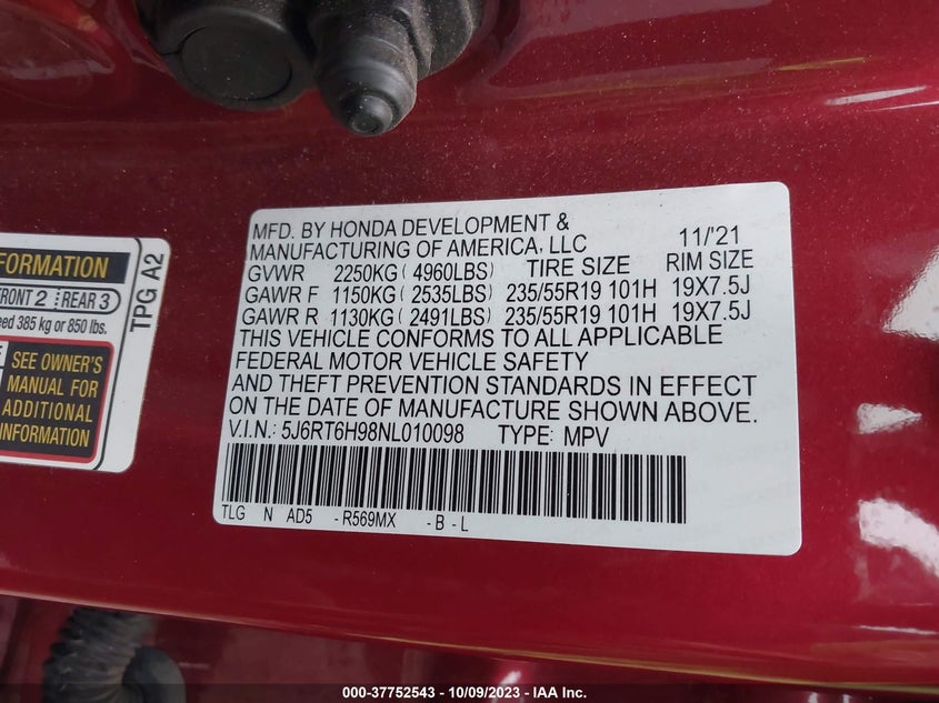 VIN 5J6RT6H98NL010098 2022 HONDA CR-V HYBRID TOURING