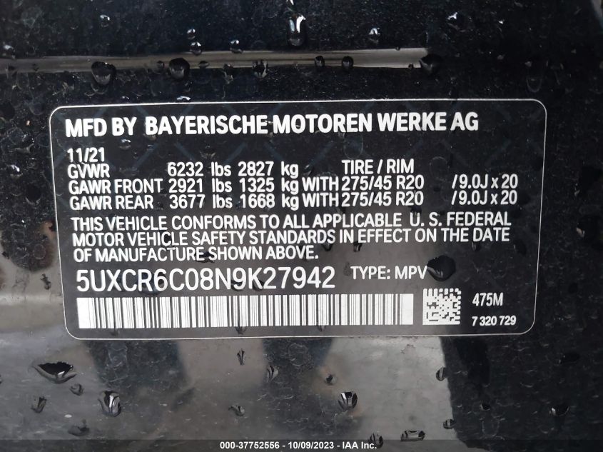 5UXCR6C08N9K27942 2022 BMW X5, photo no. 9