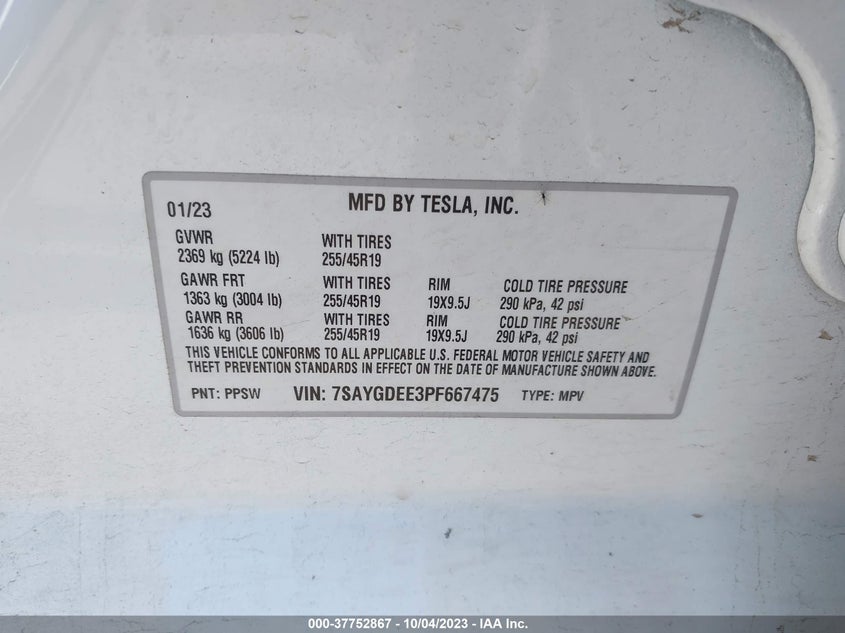 VIN 7SAYGDEE3PF667475 2023 TESLA MODEL Y LONG RANGE