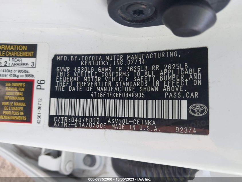 2014 TOYOTA CAMRY L/LE/XLE/SE/SE SPORT - 4T1BF1FKGEU848935