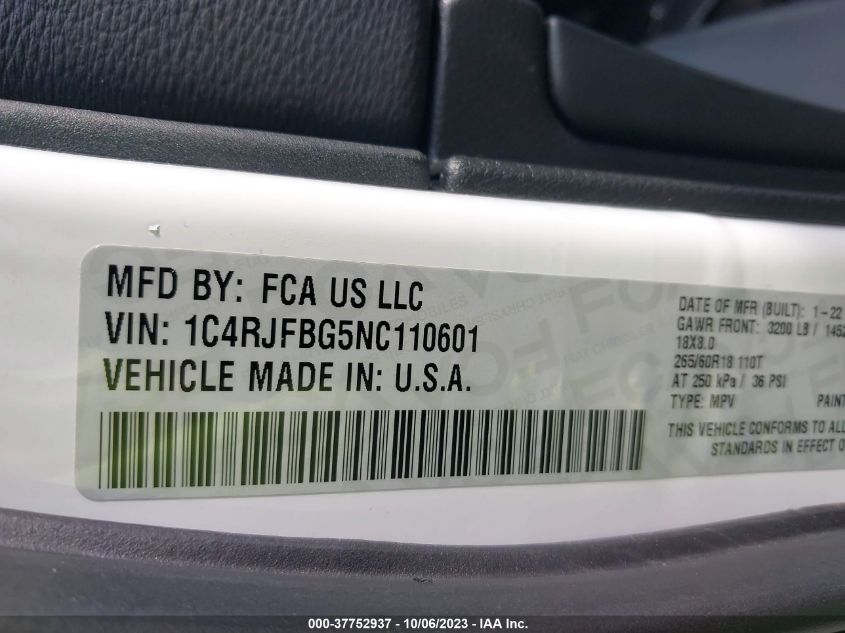 2022 JEEP GRAND CHEROKEE WK LIMITED - 1C4RJFBG5NC110601