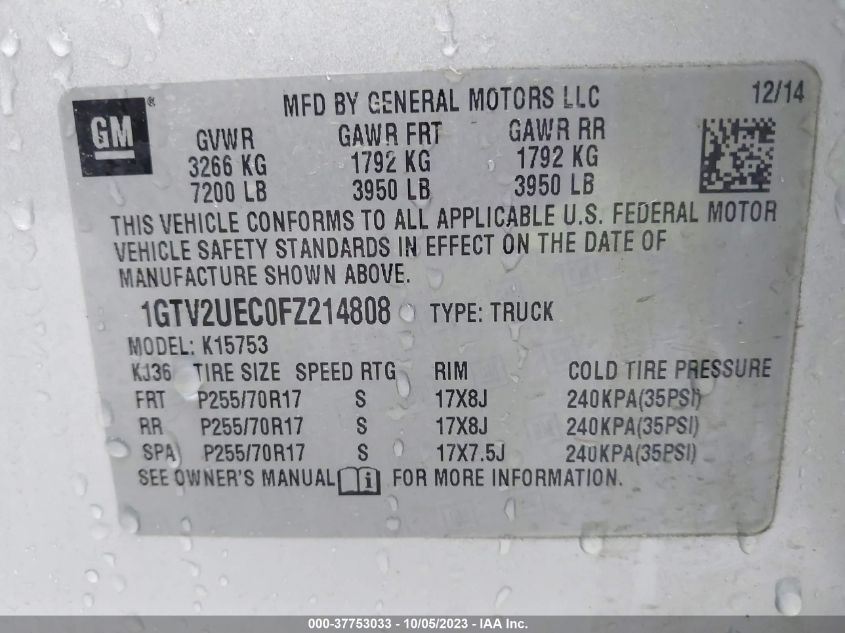 2015 GMC SIERRA 1500 K1500 SLE - 1GTV2UEC0FZ214808