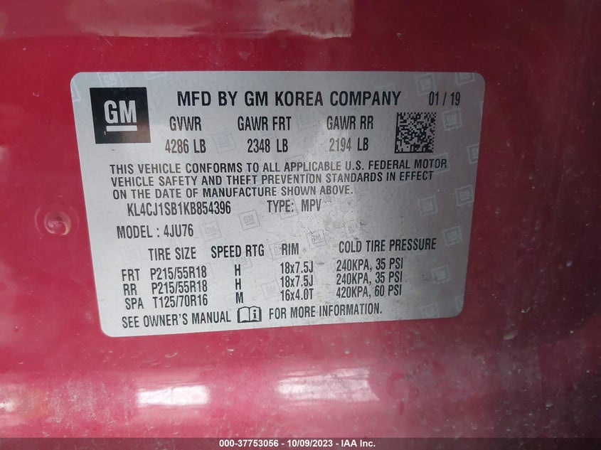 VIN KL4CJ1SB1KB854396 2019 BUICK ENCORE SPORT TOURING